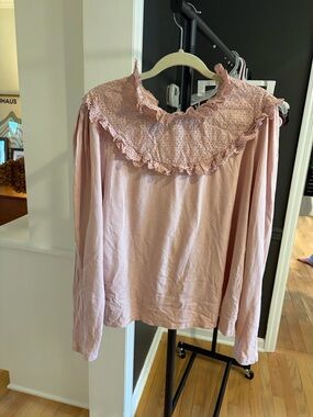 Boden Women's Pink Ruffled Eyelet Yoke Long-Sleeve Top